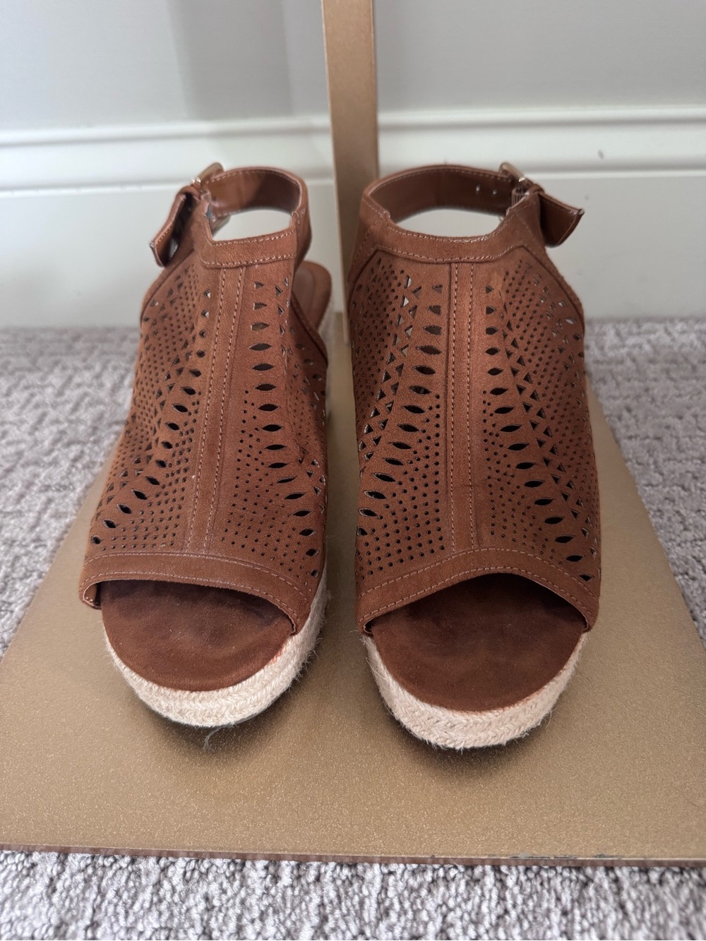 Liz Claiborne Brown Laser-Cut Peep-Toe Espadrille Wedges